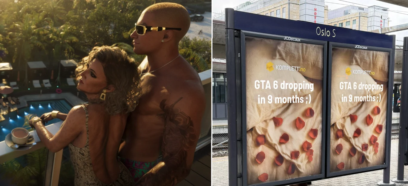 Kampania norweskiego sklepu robi furorę w sieci. Chodzi o GTA 6 Para elegancko ubranych osób pozuje na balkonie z widokiem na basen, podczas gdy po prawej stronie widoczne są plakaty reklamowe na przystanku autobusowym z tekstem nawiązującym do gry komputerowej.