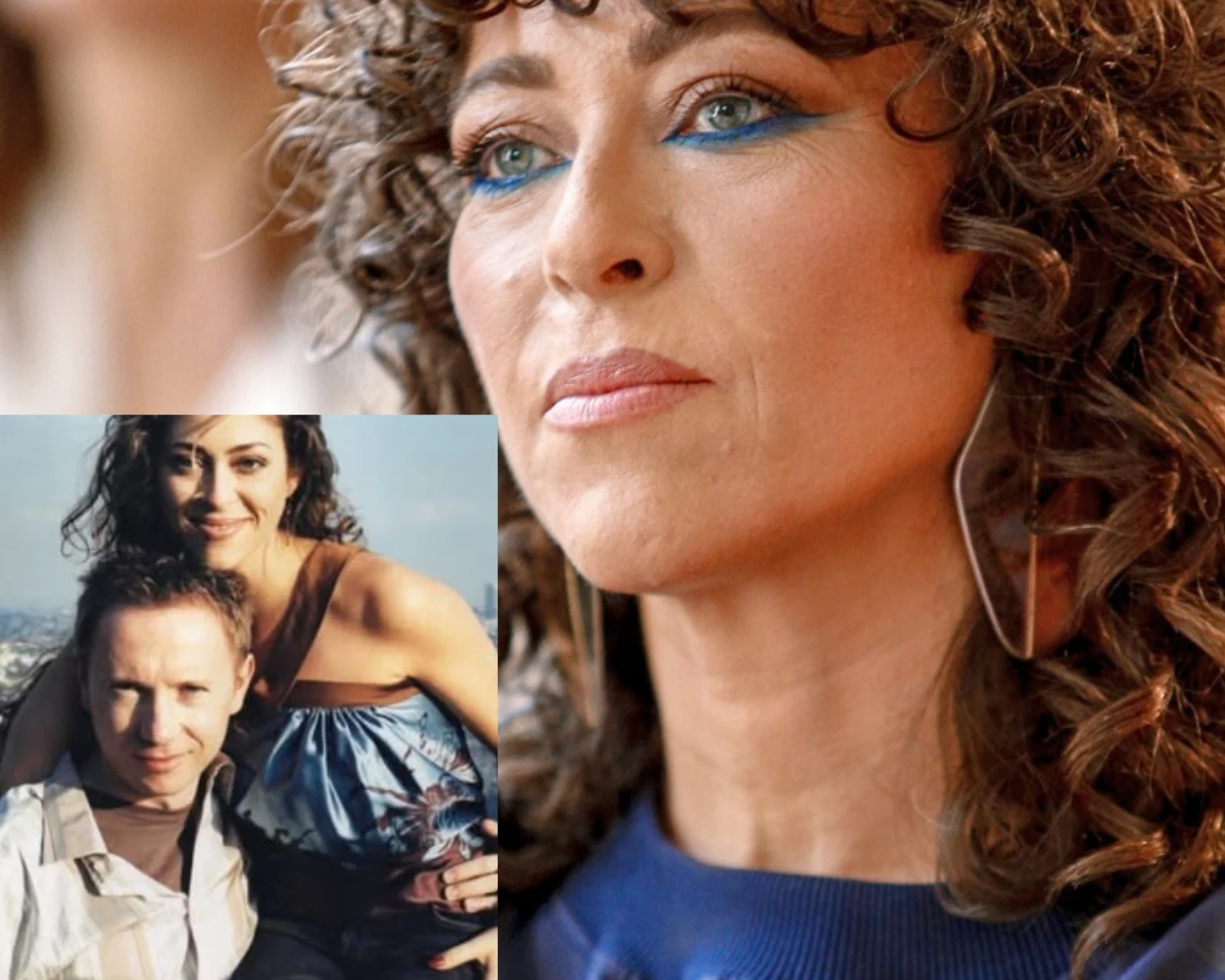 Zbliżenie kobiety z kręconymi włosami i wyraźnym makijażem oczu, w tle wstawiona stara fotografia ukazująca uśmiechniętą parę – kobietę i mężczyznę, siedzących obok siebie na zewnątrz.