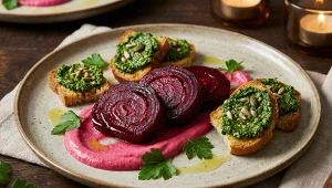 Rubinowe ruloniki z buraka i szmaragdowe pesto z pietruszki. Wytworna gra kolorów na talerzu