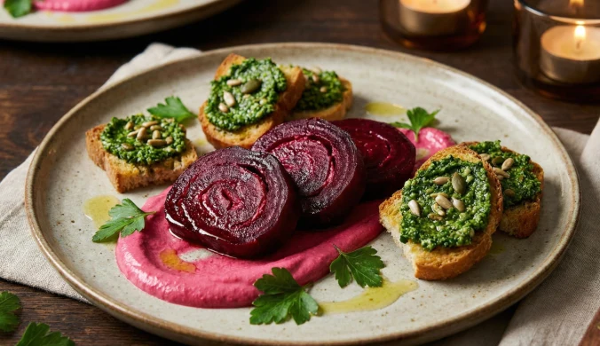 ​Rubinowe ruloniki z buraka i szmaragdowe pesto z pietruszki. Wytworna gra kolorów na talerzu