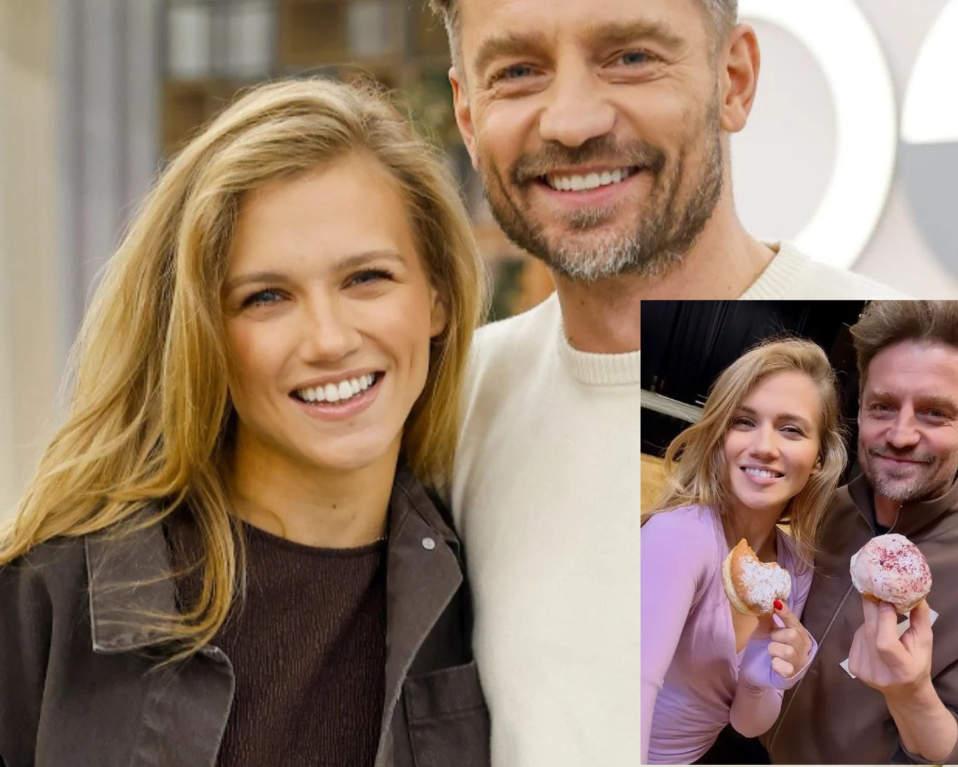 Dwie uśmiechnięte osoby stoją blisko siebie, w tle rozmyta przestrzeń. W prawym dolnym rogu znajduje się wstawka z tymi samymi osobami trzymającymi pączki i pokazującymi je do aparatu.