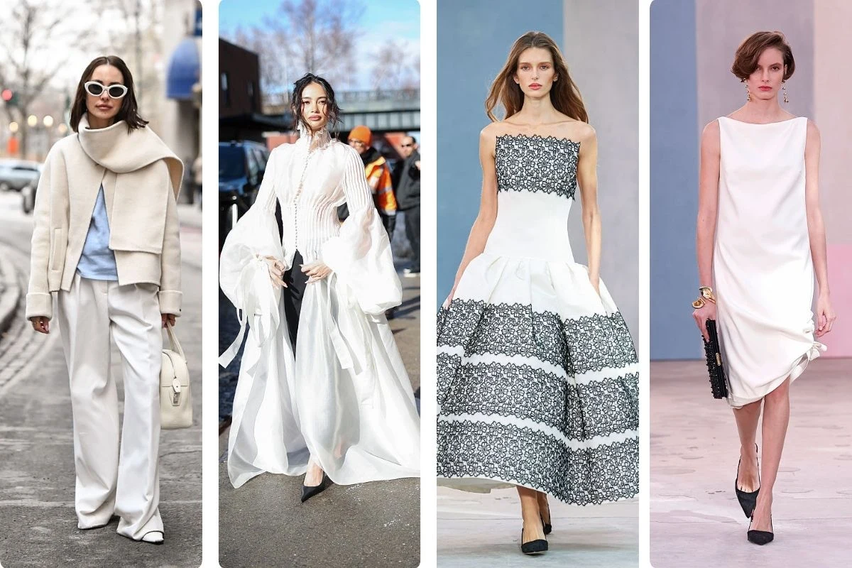 Cloud dancer na ulicach Nowego Jorku i wybiegu Caroliny Herrery Cztery kobiety w eleganckich stylizacjach prezentują różnorodne kreacje, od stylizacji ulicznej po suknie wieczorowe; dominuje neutralna kolorystyka bieli, czerni i szarości.