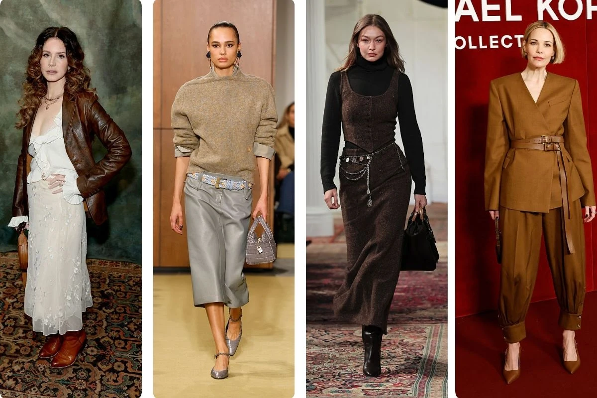 Brąz wybrali Ralph Lauren, Tory Burch i wielu gości nowojorskiego tygodnia mody Cztery kobiety w stylowych, jesiennych stylizacjach – każda w innym zestawie ubrań, prezentując różne warianty brązów i beżów, od eleganckiego garnituru po sukienki i spódnice, na tle wnętrz i podczas wydarzenia modowego.