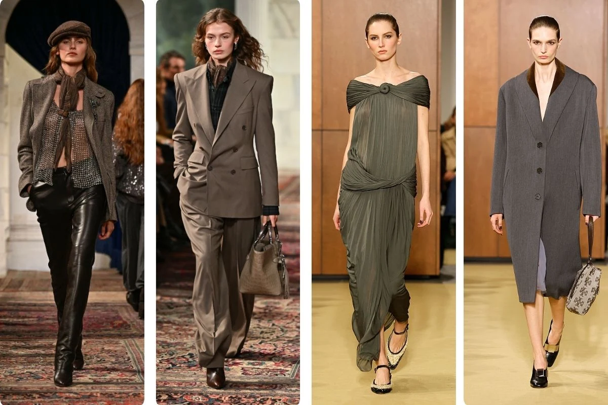 U Ralpha Laurena i Tory Burch widać inspiracje modą początku XX wieku Cztery kobiety prezentujące różne stylizacje modowe: marynarka z beretem, dwurzędowy garnitur, elegancka plisowana sukienka z odsłoniętymi ramionami oraz prochowiec z torebką. Każda modelka stoi na wybiegu w różnych ubraniach, ukazując modne trendy.