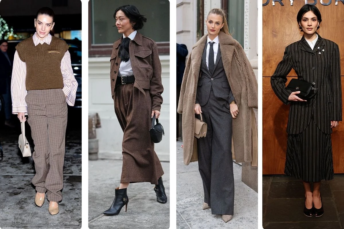 Goście pokazów mody także inspirowali się modą początku XX wieku Cztery kobiety ubrane w eleganckie garnitury oraz płaszcze i marynarki inspirowane męskim stylem. Każda z nich prezentuje inną odsłonę klasycznej stylizacji z wykorzystaniem spodni w kant, kamizelek, marynarek, krawatów oraz eleganckiego obuwia. Kolory...