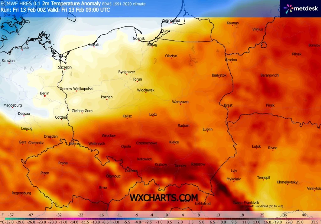Odwilż w Polsce trwa. Miejscami na południu w piątek będzie nawet ponad 10 stopni Celsjusza Mapa anomalii temperatury na terenie Polski oraz części państw sąsiednich, pokazująca obszary o podwyższonej i obniżonej temperaturze względem średniej z lat 1991-2020. Kolorystyka od żółtej do czerwonej wskazuje obszary cieplejsze, a niebieska – chłod...