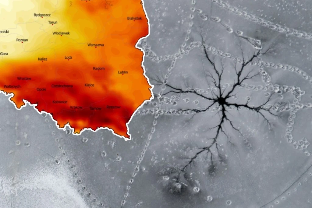 W Polsce trwa odwilż i w piątek odczujemy ją w wielu miejscach. Na północy trzeba uważać na marznące opady, z czasem popada też śnieg Mapa Polski z naniesionymi nazwami miast na kolorowych strefach cieplnych, obok wzór przypominający drzewiastą rozgałęzioną strukturę na szarej powierzchni, nawiązującą do wyładowania atmosferycznego lub zjawiska fizycznego.
