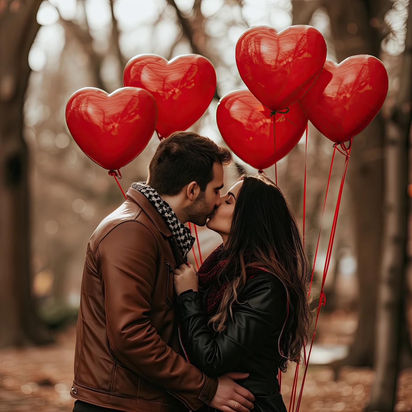 Para całująca się w parku, otoczona czerwonymi balonami w kształcie serca na tle rozmytych, bezlistnych drzew, w jesiennej scenerii.