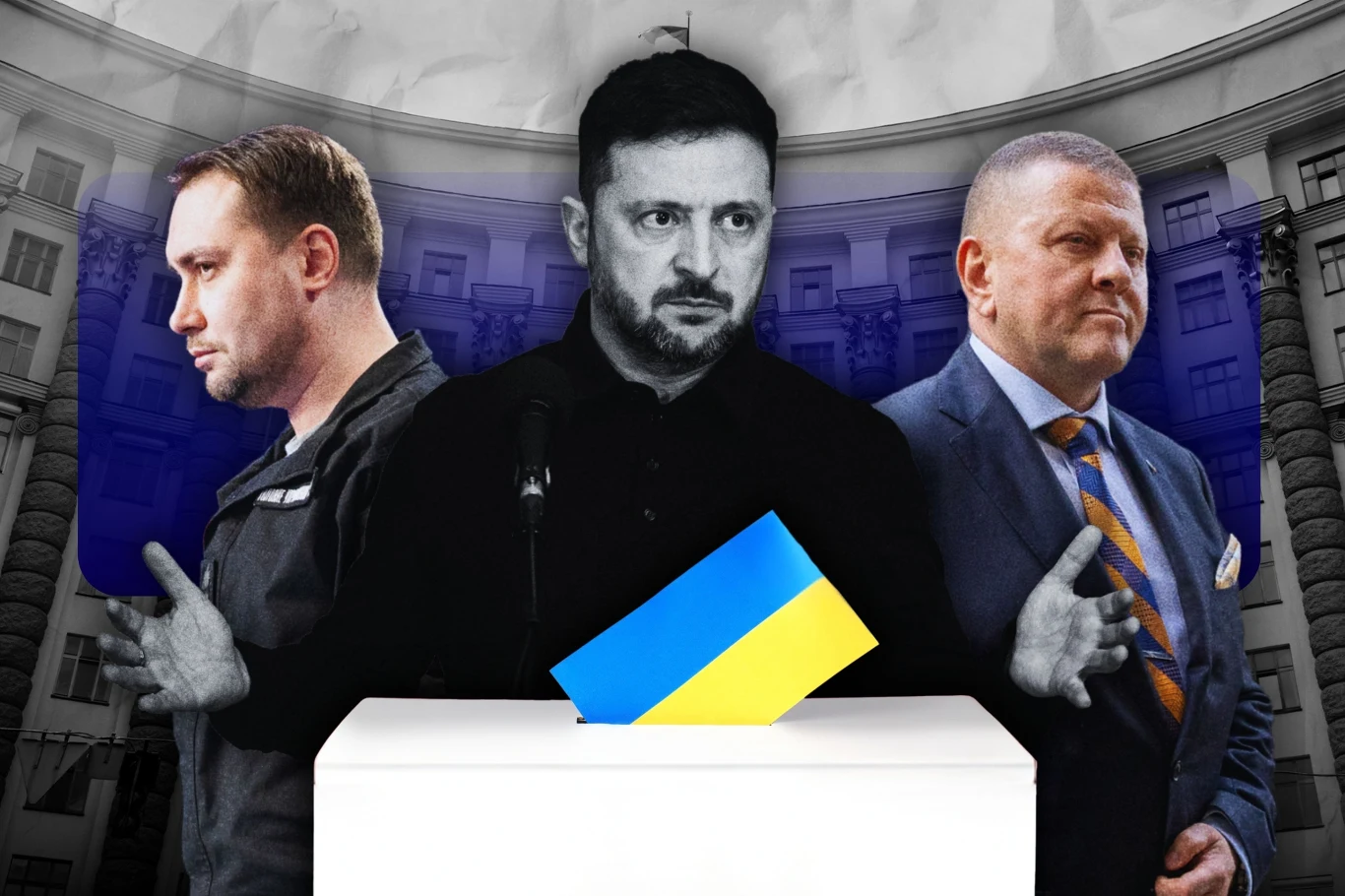 Na zdjęciu (od lewej): Kyryło Budanow, Wołodymyr Zełenski i Wałerij Załużny. Kolaż: Lidia Ławecka Trzech mężczyzn w formalnych ubraniach stoi na tle budynku rządowego, na pierwszym planie urna wyborcza z ukraińską flagą. Centralna postać wydaje się przemawiać, pozostałe stoją po bokach, atmosfera poważna, oficjalna.
