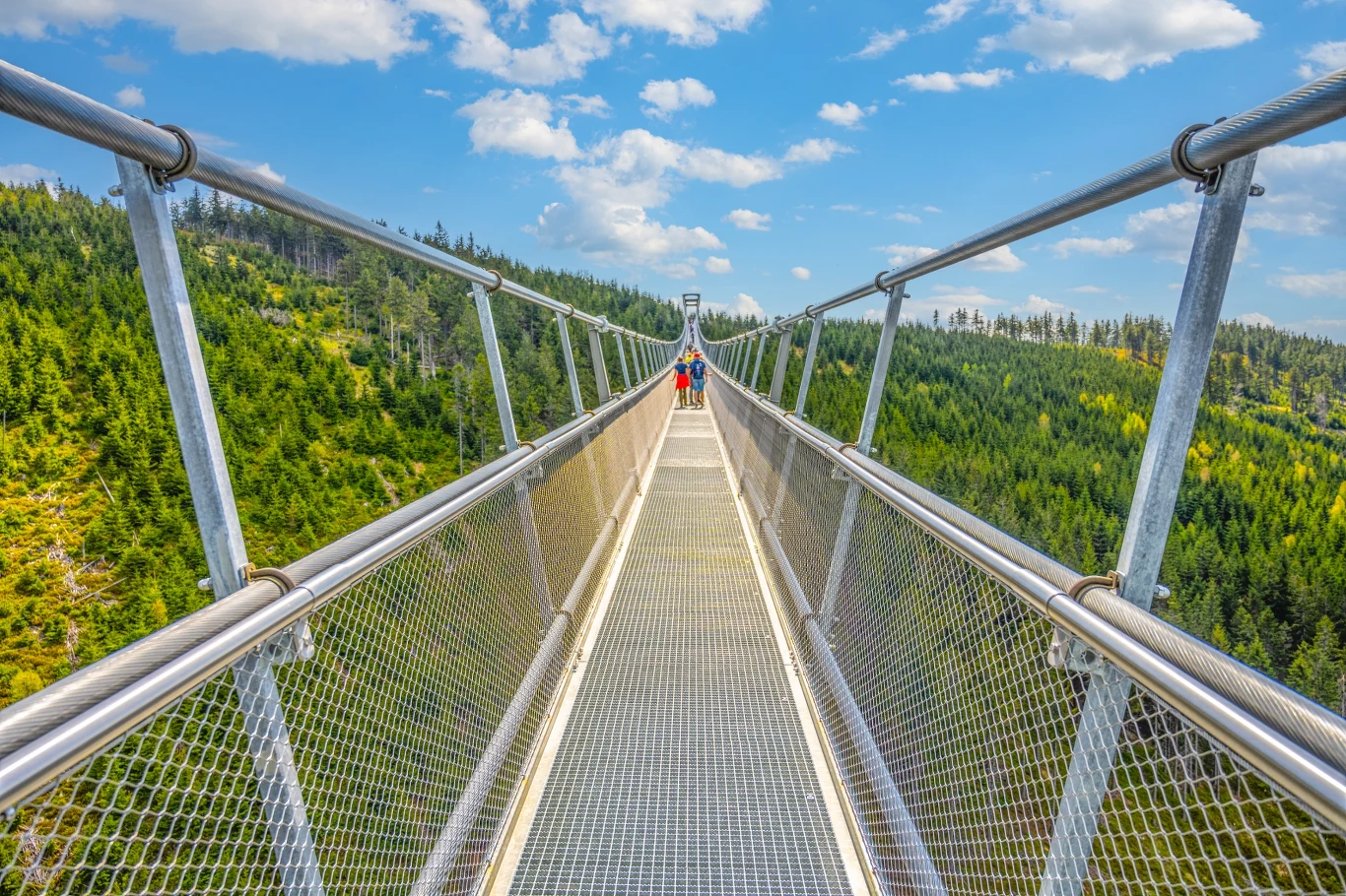 Kupując bilety przez internet możemy nieco zaoszczędzić Wiszący most stalowy rozciągający się nad zielonym lasem, prowadzący w kierunku oddalonych gór. Na środku mostu widoczna postać ubrana na czerwono, idąca w stronę drugiego końca. Słoneczne niebo z delikatnymi chmurami dopełnia wiosennego krajobrazu.