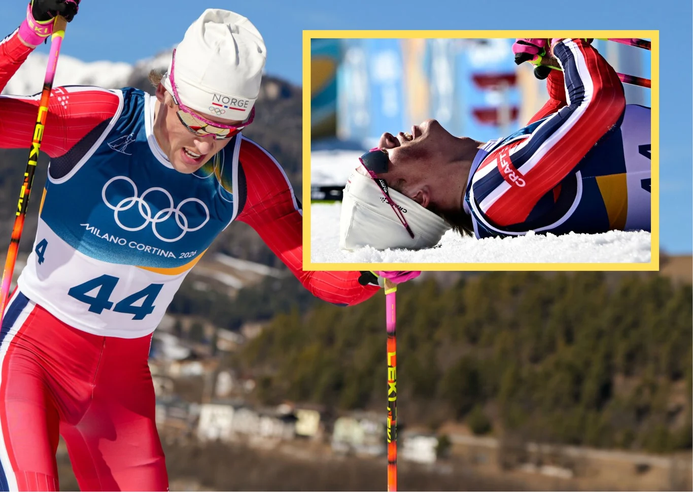 Johannes Klaebo Zawodnik w stroju narodowym Norwegii podczas wyścigu narciarskiego na tle gór oraz powiększenie jego twarzy ukazujące zmęczenie leżąc na śniegu po zakończeniu biegu.