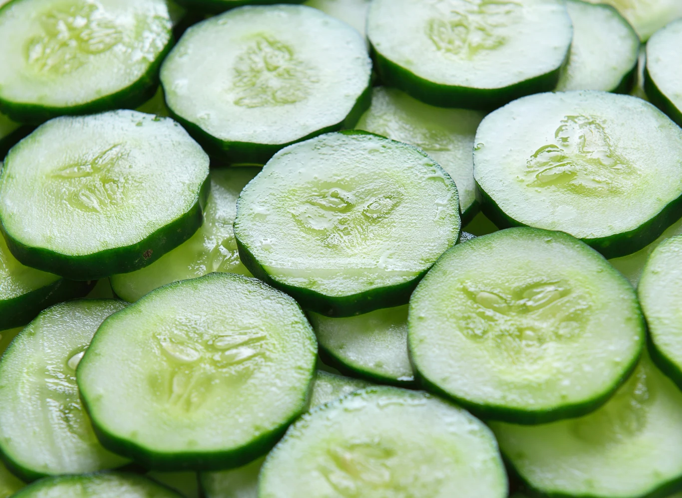 Plastry świeżego ogórka ułożone blisko siebie, widoczne soczyste wnętrze i zielona skórka.