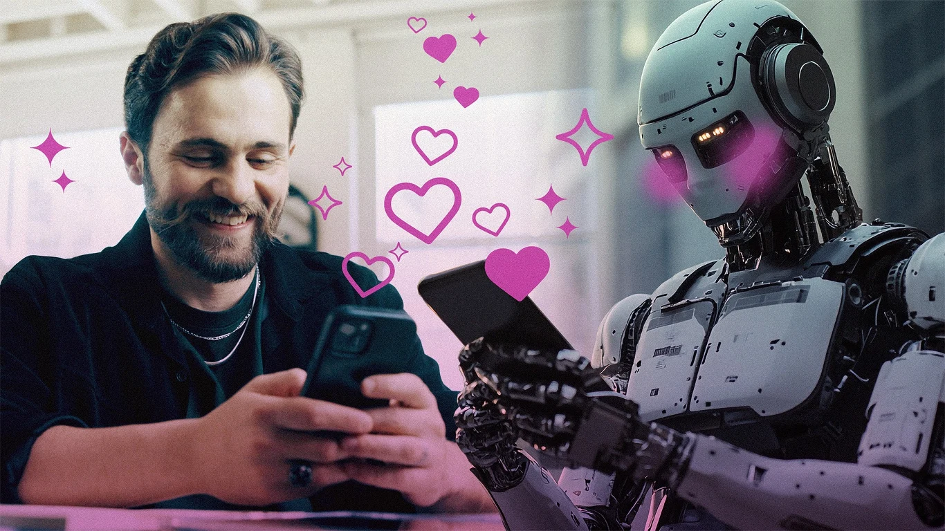 Związki z chatbotami są coraz częstsze Mężczyzna uśmiecha się, patrząc na smartfon, podczas gdy humanoidalny robot siedzi obok, trzymając własne urządzenie mobilne; pomiędzy nimi unoszą się serca i błyszczące symbole, sugerujące cyfrową więź lub romantyczną relację.