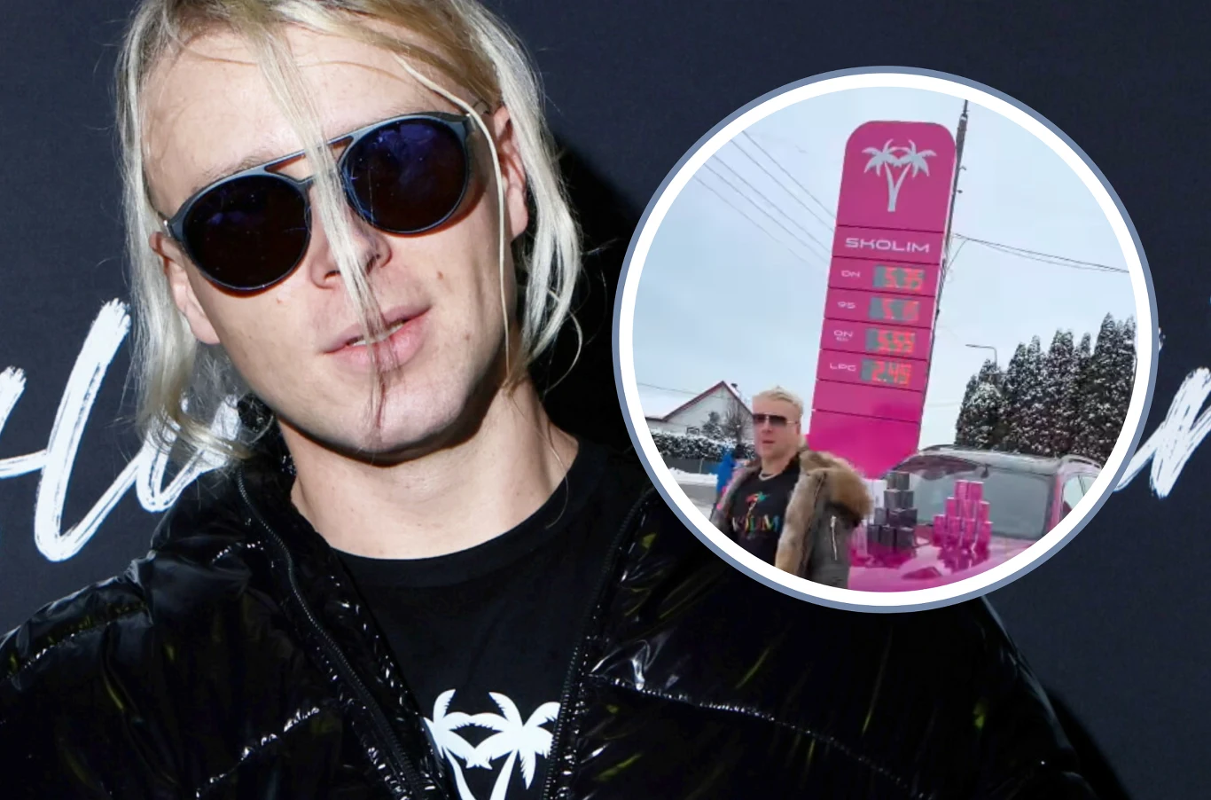 Gdzie Skolim zbuduje nową stację paliw? Jasnowłosy mężczyzna w ciemnych okularach przeciwsłonecznych ubrany w czarną kurtkę i koszulkę z motywem palmy. W ramce wstawiono zbliżenie na mężczyznę stojącego przy różowym dystrybutorze paliwa z logiem palmy i cennikiem na tle zimowego krajobrazu.