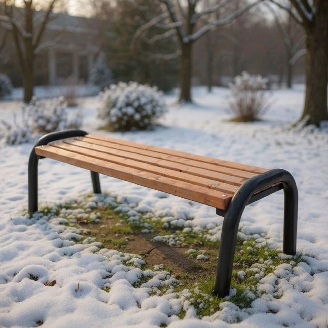 Drewniana ławka w parku, otoczona lekką warstwą śniegu, widoczne drzewa pokryte szronem oraz rozproszone światło zimowego poranka.