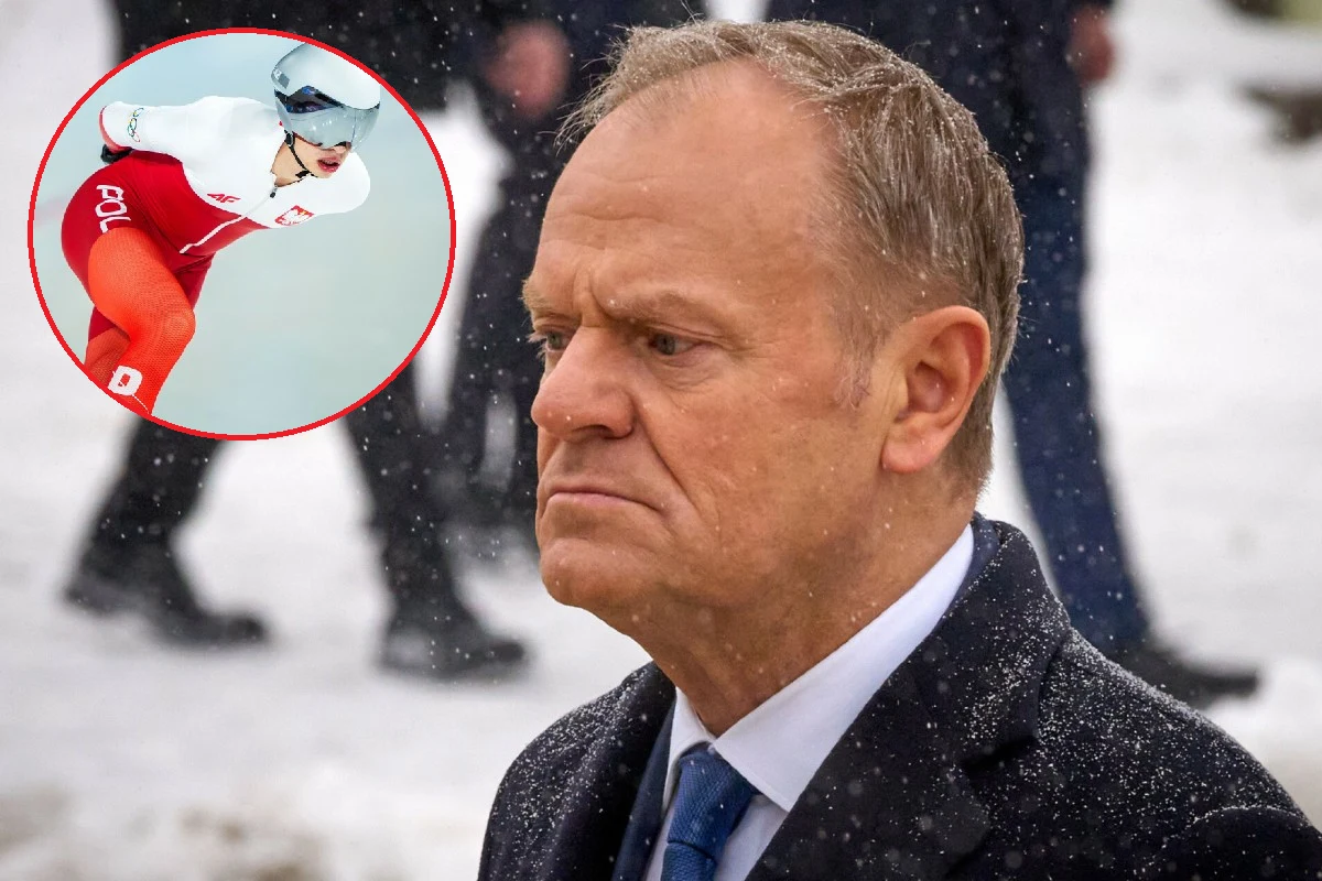 Semirunnij, Tusk Mężczyzna w garniturze stoi na tle śnieżnego krajobrazu, na twarzy poważny wyraz, w lewym górnym rogu widoczne okrągłe wstawienie przedstawiające polską łyżwiarkę w sportowym stroju w trakcie wyścigu.