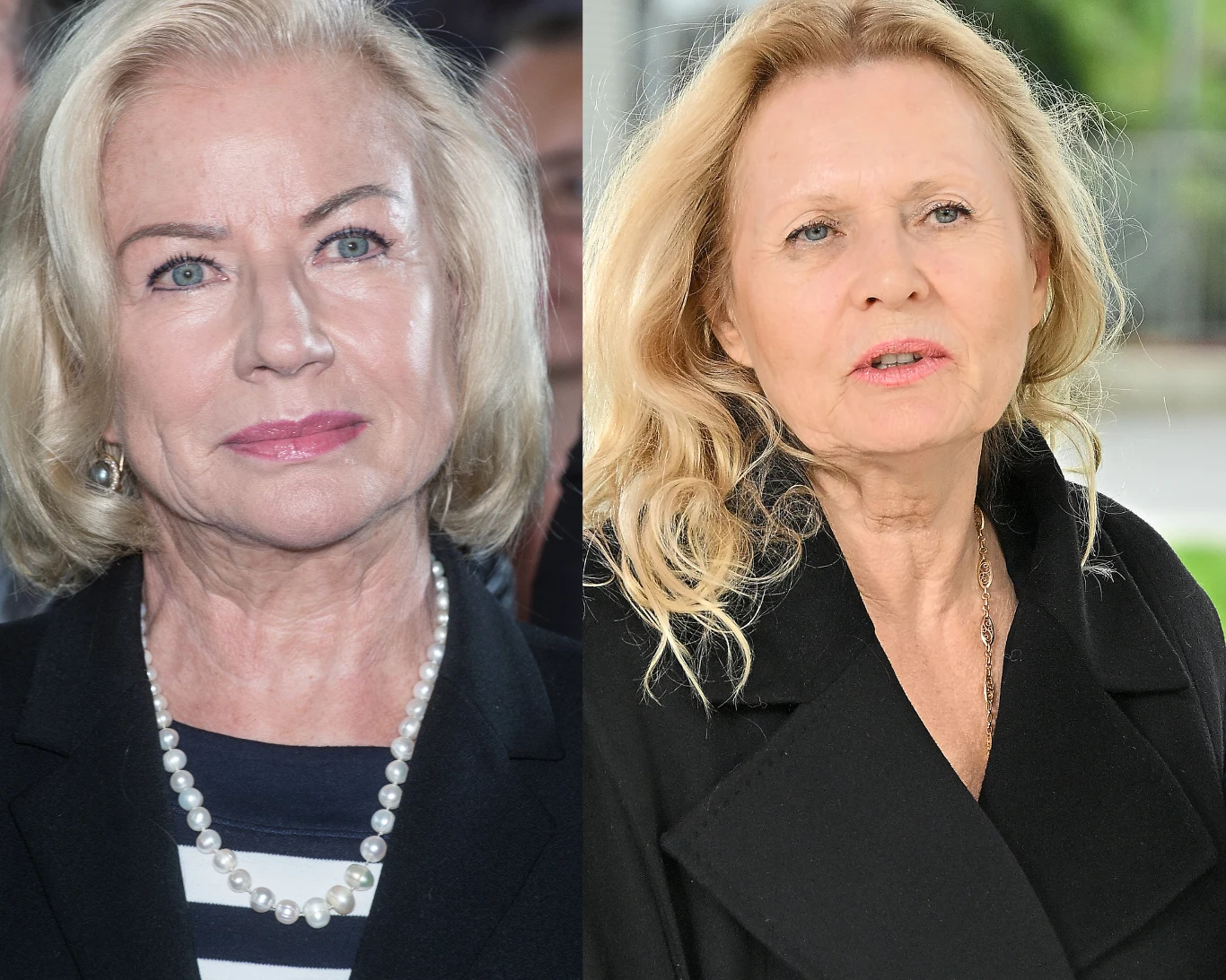 Bożena Dykiel i Grażyna Szapołowska Dwie dojrzałe kobiety o blond włosach w eleganckich czarnych płaszczach. Jedna z nich nosi naszyjnik z pereł i bluzkę w paski, druga ma luźno rozpuszczone włosy. Obie patrzą w kierunku obiektywu.