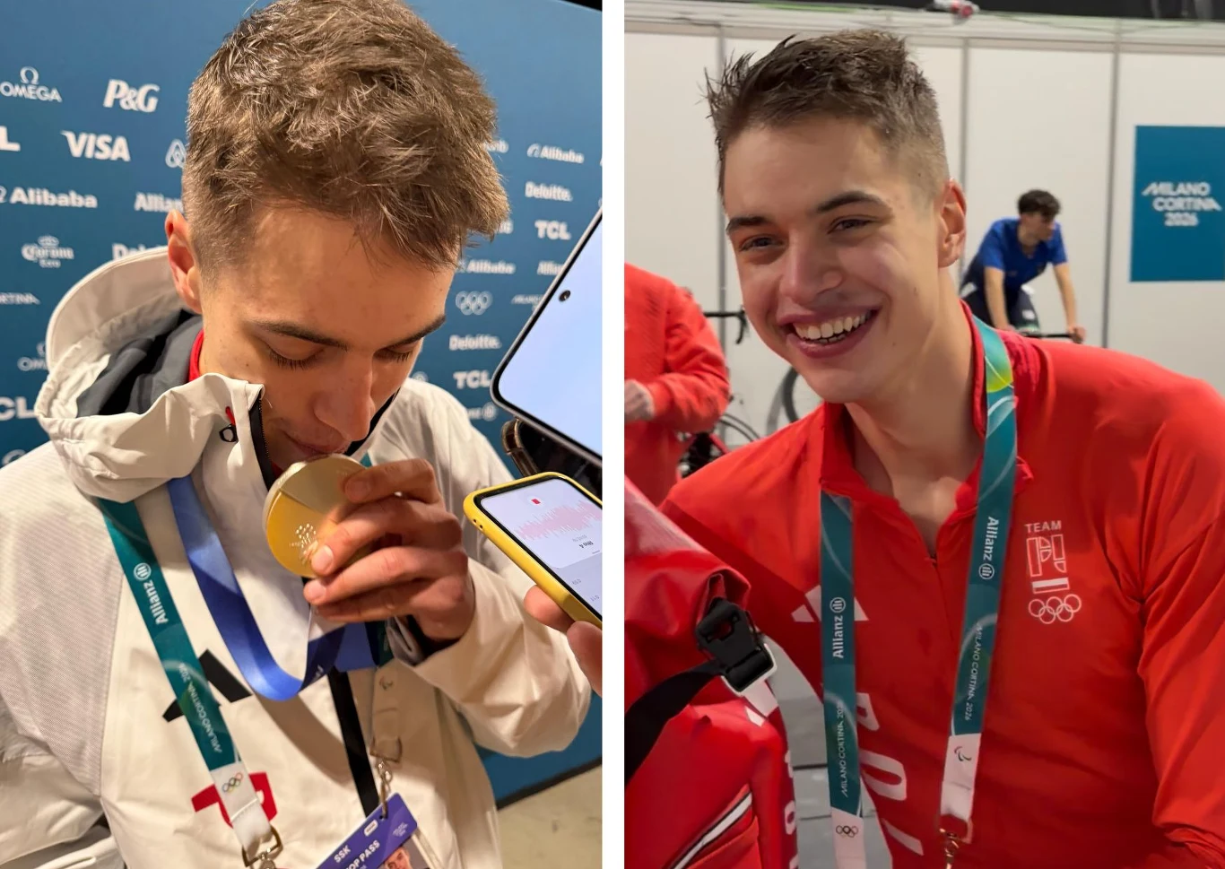 Dwa portrety młodych mężczyzn z medalami olimpijskimi na szyjach, jeden z nich całuje medal, drugi uśmiecha się szeroko. Oboje mają identyfikatory oraz stroje sportowe z emblematami reprezentacji narodowej i igrzysk.