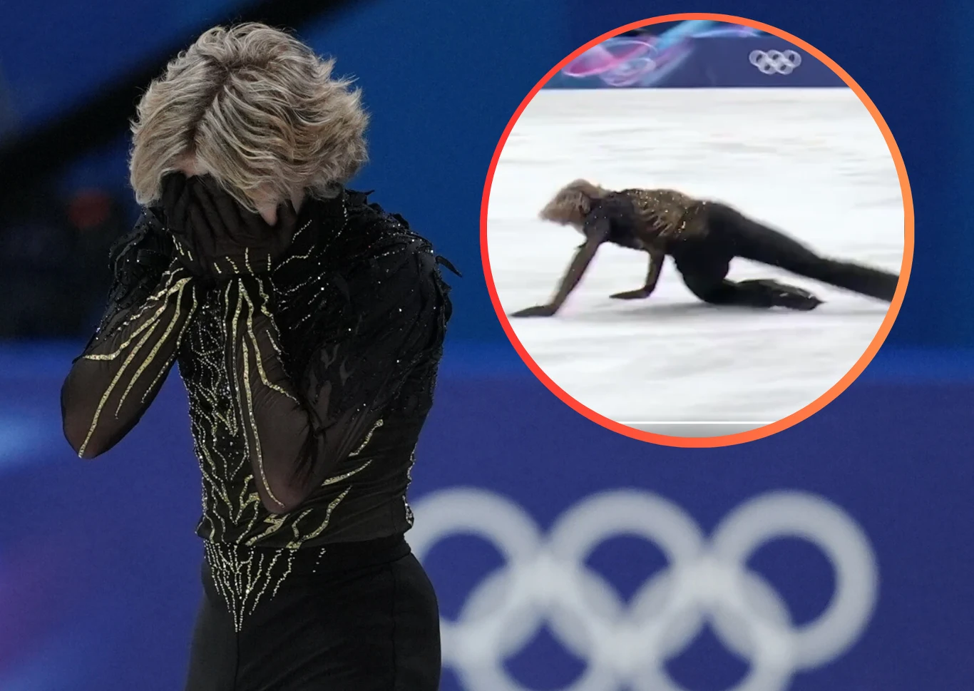 Łyżwiarz figurowy ubrany w czarny ozdobny kostium zakrywa twarz dłoniami; na wstawce okrągłej widać upadek tej samej osoby na lodzie podczas występu olimpijskiego.