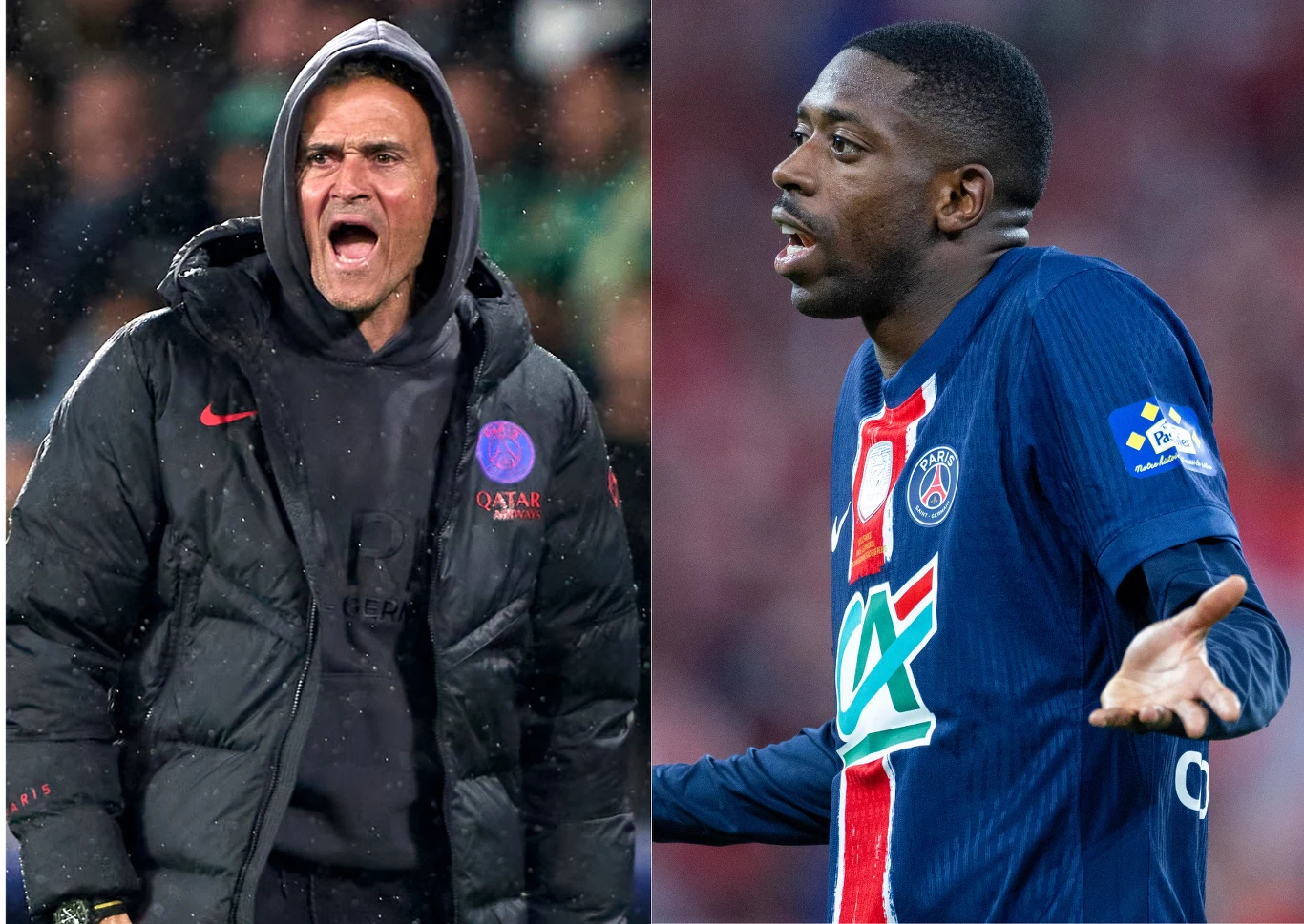Luis Enrique i Ousmane Dembele Trener ubrany w czarną kurtkę z kapturem wyraża emocje, obok zawodnik w stroju piłkarskim Paris Saint-Germain gestykuluje z rozłożonymi rękami podczas meczu.