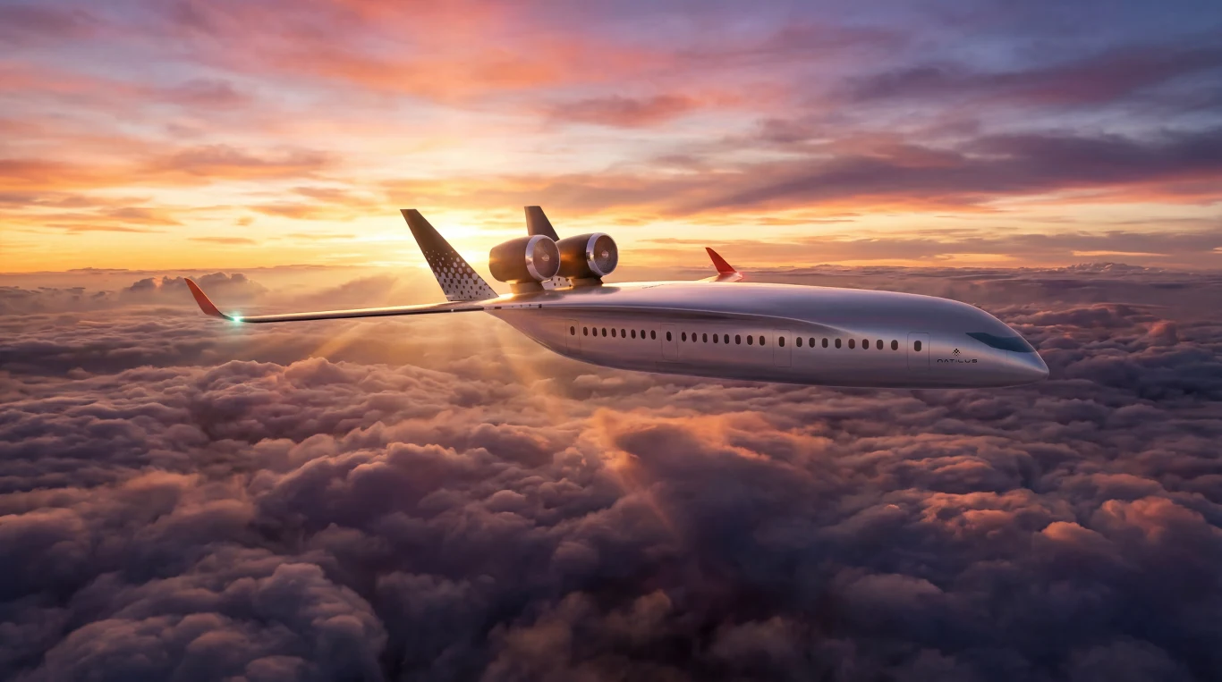 Wizja artystyczna samolotu Horizon Evo. Nowoczesny samolot pasażerski lecący ponad warstwą chmur podczas wschodu słońca, silniki zamontowane na ogonie oraz smukły, opływowy kadłub widać na tle kolorowego nieba.
