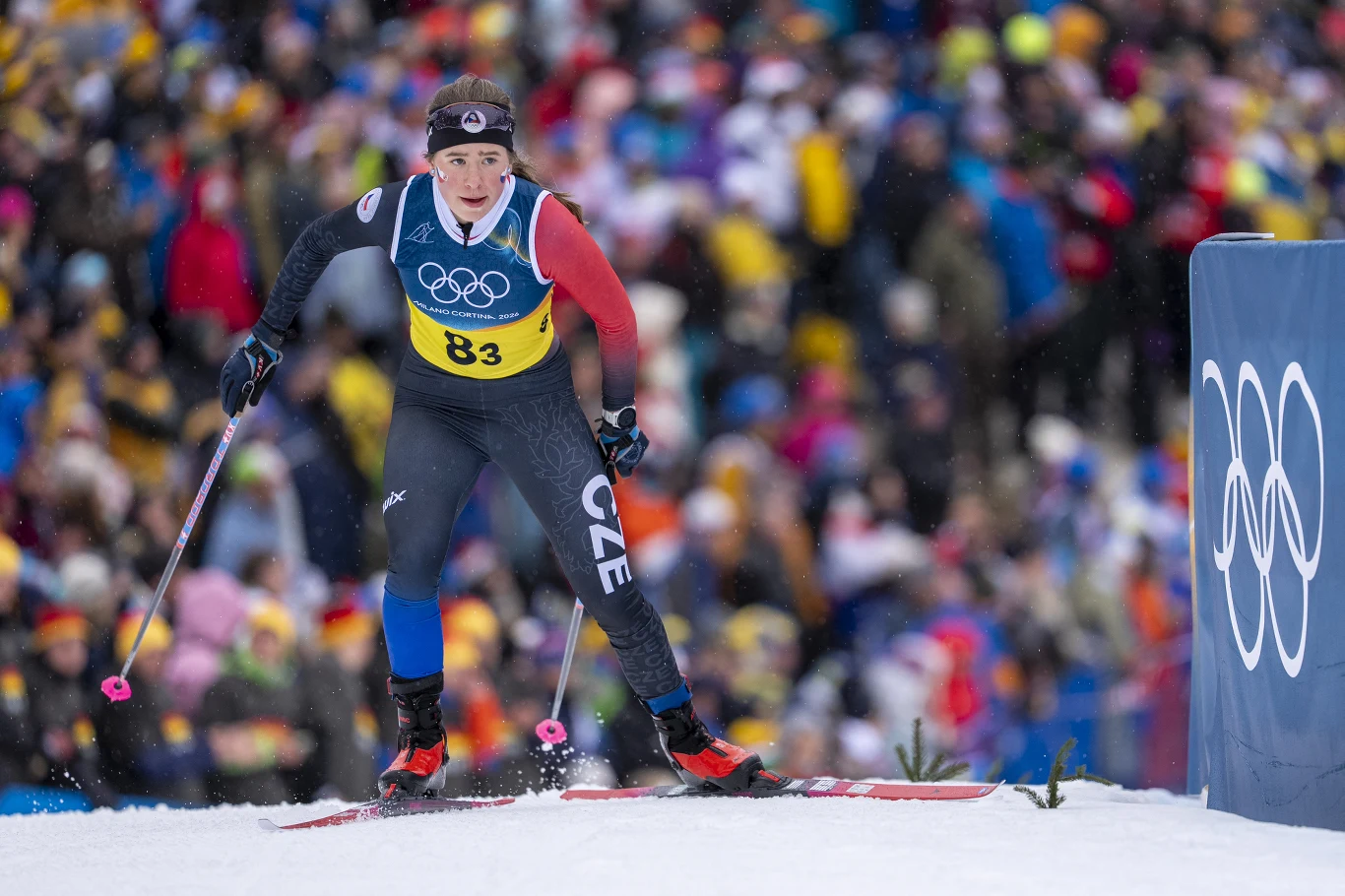 Zawodnik w stroju sportowym bierze udział w wyścigu narciarstwa biegowego na zawodach olimpijskich, w tle widoczny tłum kibiców i bannery z charakterystycznymi pięcioma kołami olimpijskimi.
