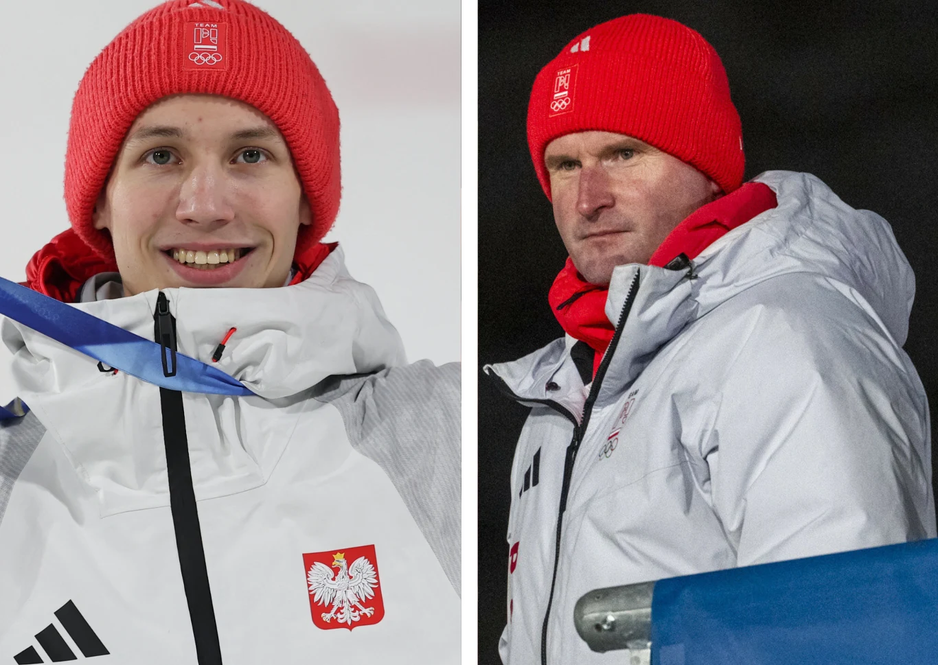 Dwie osoby ubrane w białe kurtki zimowe z orzełkiem polskim oraz czerwone czapki zimowe z logo olimpijskim, jedna z nich uśmiechnięta, druga patrzy poważnie w bok.
