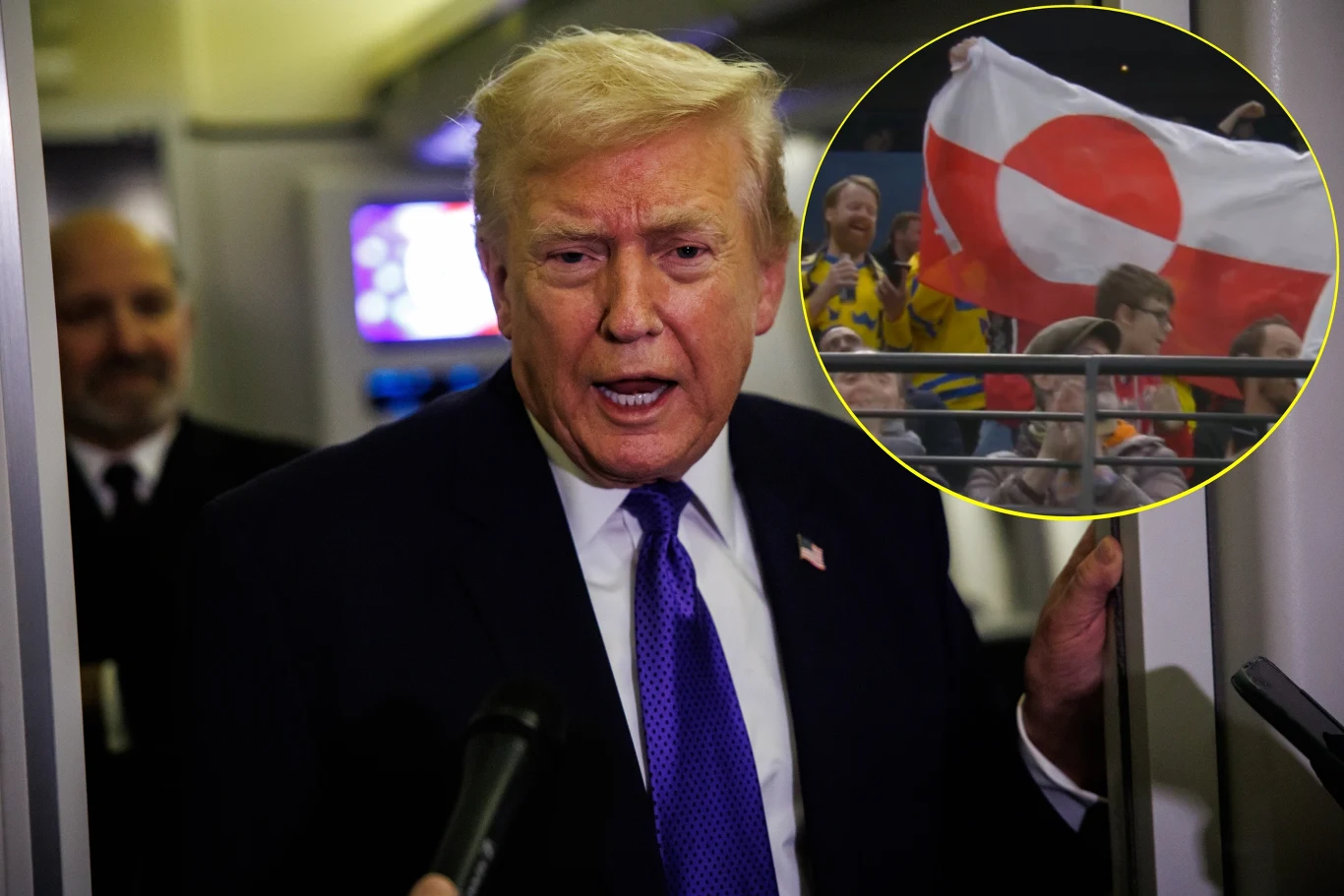 Kibice w swoisty sposób "odpowiedzieli" Donaldowi Trumpowi podczas zimowych igrzysk olimpijskich w kwestii Grenlandii Mężczyzna w garniturze i krawacie, udzielający wywiadu w otoczeniu osób trzymających mikrofony, w tle znajduje się żółto-biała flaga z czerwonym okręgiem uniesiona przez kibiców na trybunach.