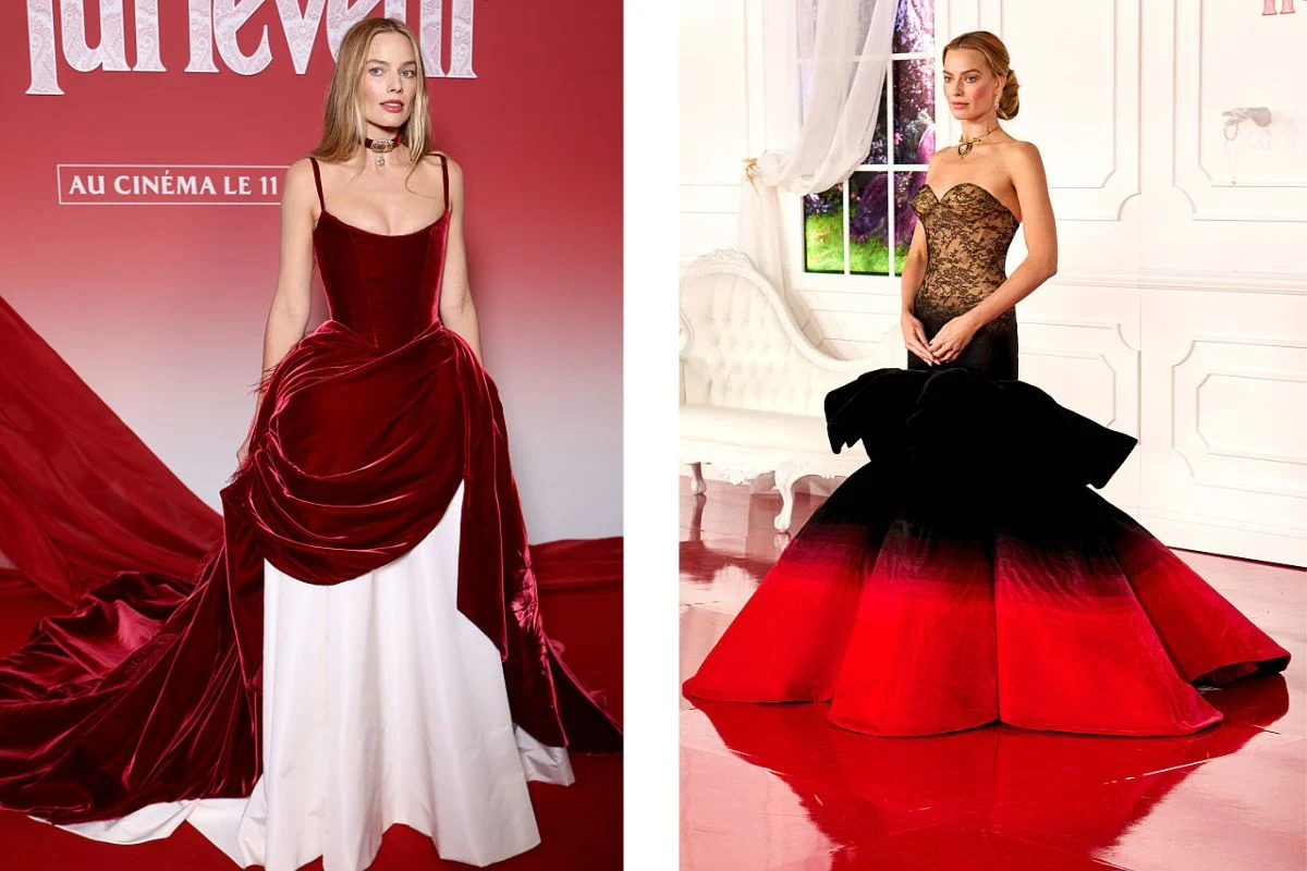 Dwie kobiety w efektownych, czerwono-czarnych sukniach balowych stoją osobno w eleganckim otoczeniu. Po lewej modelka w burgundowej sukni z białym trenem na tle czerwonej ścianki, po prawej kobieta w czarno-czerwonej sukni syrenie w jasnym, luksusowym ...