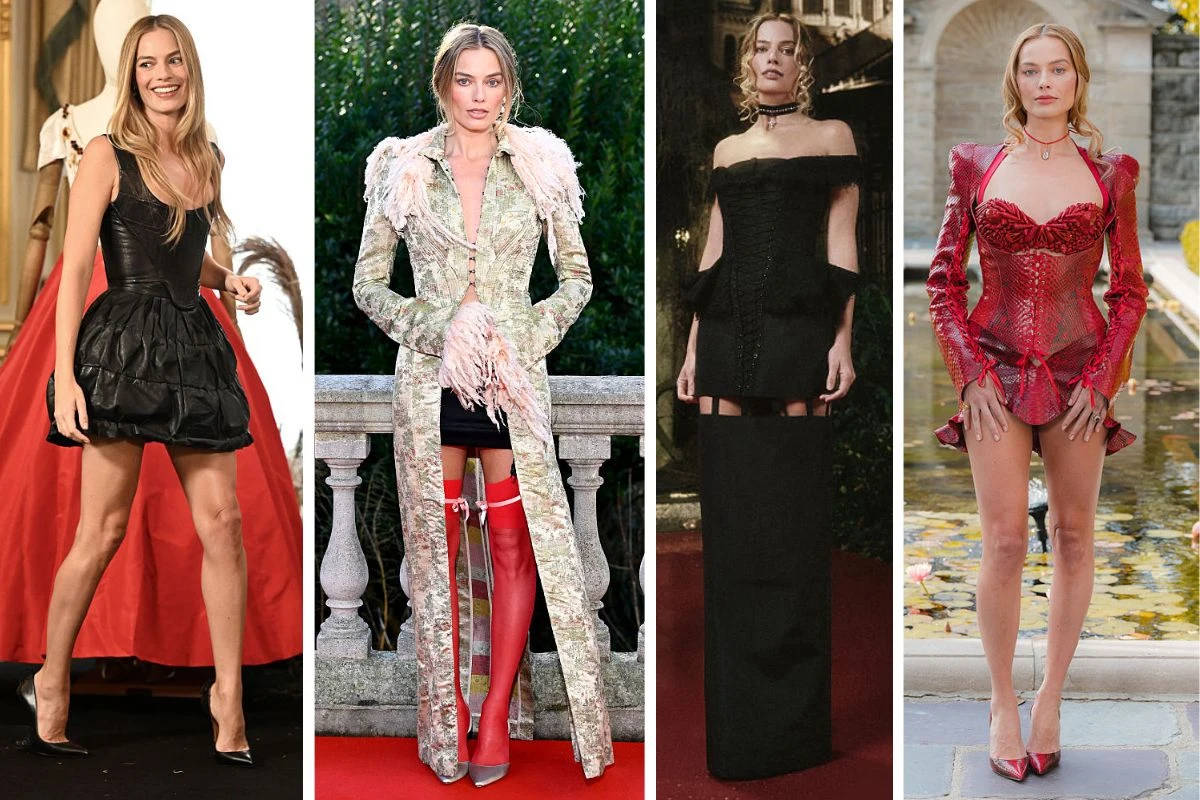 Cztery kobiety prezentują różnorodne, eleganckie kreacje w stylizowanych pozach na tle luksusowych wnętrz i ogrodu. Każda z modelek ubrana jest w inną, modną stylizację podkreślającą sylwetkę, w tym sukienki w odcieniach czerni, srebra i czerwieni, wys...