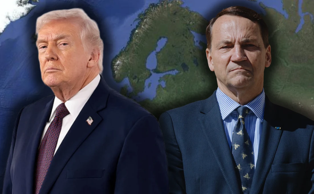 Radosław Sikorski uderzył w administrację Donalda Trumpa, poszło o wolność słowa Dwóch elegancko ubranych mężczyzn stoi na tle mapy Europy. Jeden z nich nosi granatowy garnitur z przypiętą flagą USA, drugi występuje w ciemnym garniturze i krawacie z przykuwającym uwagę wzorem.