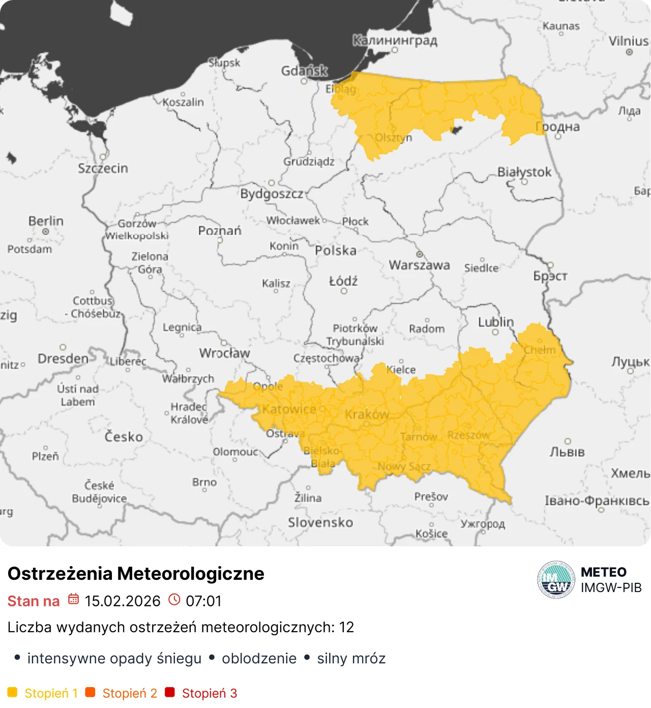 Mapa Polski z zaznaczonymi na żółto regionami objętymi ostrzeżeniami meteorologicznymi drugiego stopnia dotyczącymi intensywnych opadów śniegu, oblodzenia i silnego mrozu, wraz z legendą i datą wydania ostrzeżenia.
