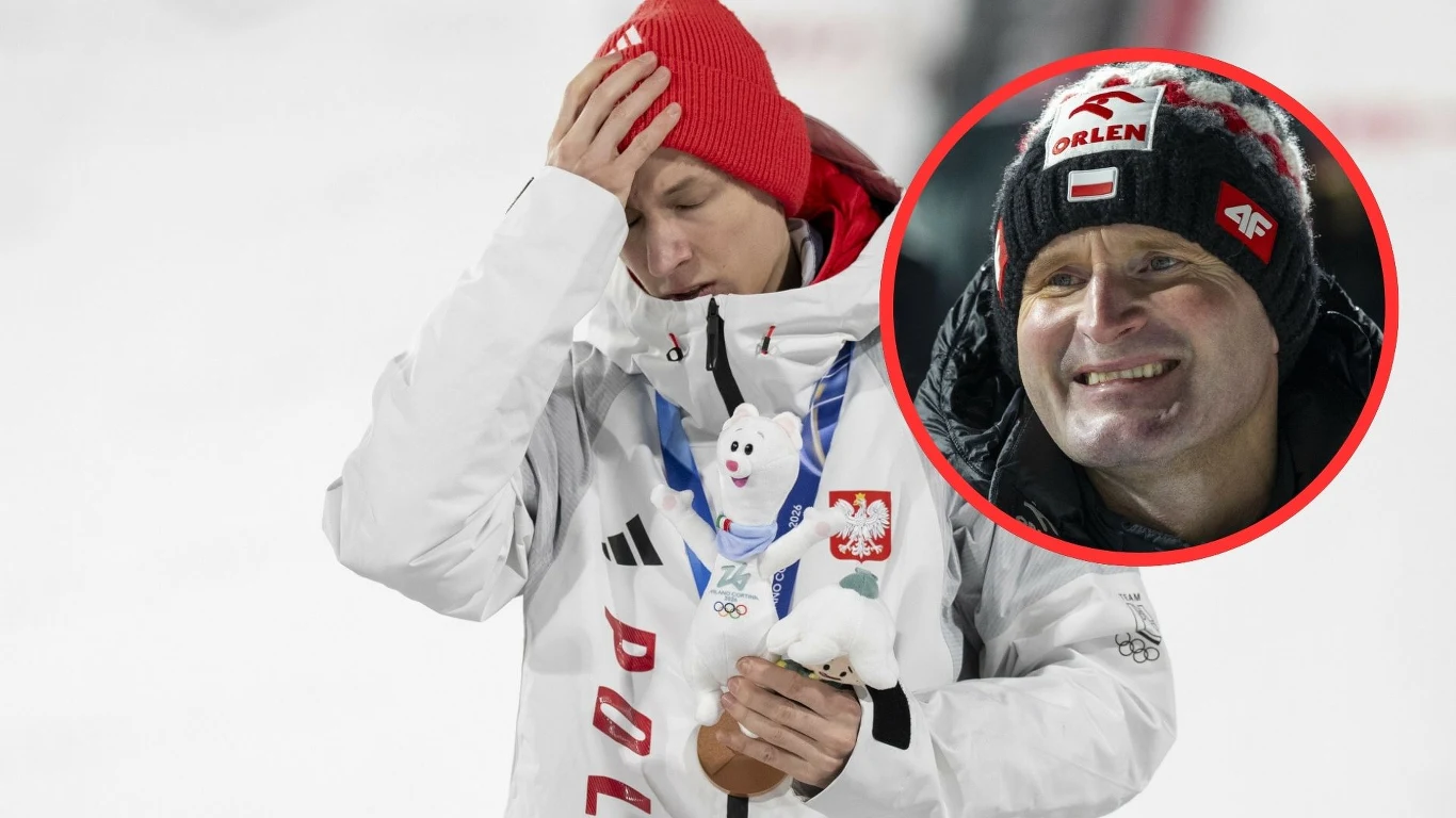 Kacper Tomasiak i Maciej Maciusiak Sportowiec w białej kurtce z polskimi emblematami oraz czerwonej czapce trzyma w rękach maskotkę i medal olimpijski. Na jego twarzy widoczne jest wzruszenie i zmęczenie. W prawym górnym rogu znajduje się okrągłe przybliżenie uśmiechniętego mężczyzny ub...