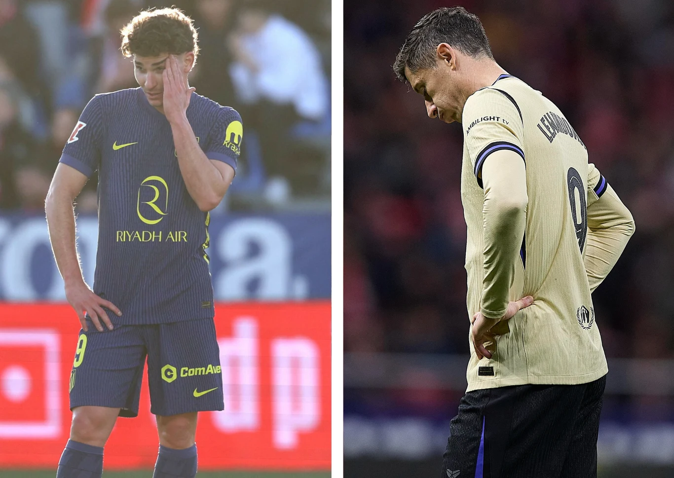 Dwóch piłkarzy w sportowych strojach z opuszczonymi głowami, jeden trzyma dłoń przy twarzy, drugi ma ręce na biodrach. Ich wyraz twarzy i postawa sugerują rozczarowanie bądź smutek po wydarzeniach na boisku.