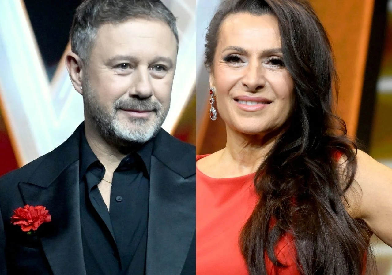 Andrzej Piaseczny i Violetta Kapcewicz w "The Voice Senior" Portrety elegancko ubranych mężczyzny i kobiety na tle sceny, mężczyzna ma szpakowate włosy i zarost, ubrany w czarną marynarkę z czerwonym kwiatem w butonierce, kobieta w czerwonej sukni z długimi rozpuszczonymi włosami i ozdobnymi kolczykami.