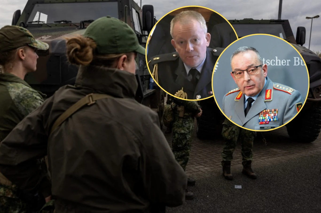 Apel dowódców sił obronnych Wielkiej Brytanii i Niemiec. Na zdj. marszałek Richard Knighton oraz generał Carsten Breuer Grupa żołnierzy w mundurach stoi na tle wojskowego pojazdu opancerzonego, dwie postacie są widoczne od tyłu, w tle dwa portrety wojskowych oficerów w okręgach.