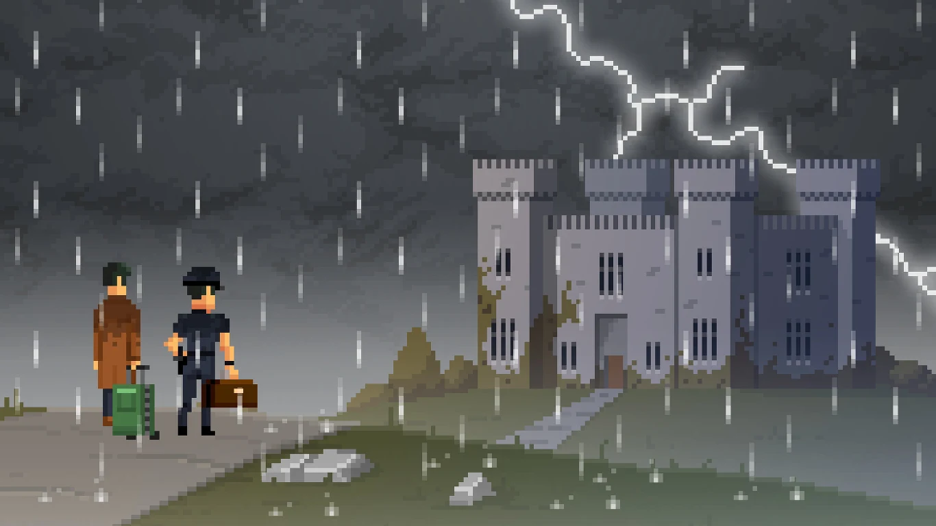 The Darkside Detective: A Fumble in the Dark Dwóch mężczyzn z walizkami stoi przed dużym zamkiem w ciemnej, burzowej scenerii. Niebo rozświetlają pioruny, a padający deszcz dodaje dramatyzmu sytuacji.