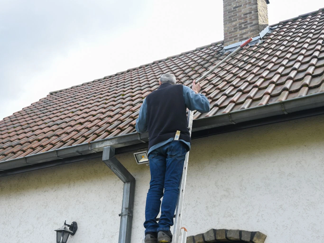 To drewno sprawia, że nie trzeba zbyt często czyścić komina. Mężczyzna stojący na drabinie wykonuje pracę na dachu budynku, trzymając długi kij z narzędziem do czyszczenia w okolicach komina, dach pokryty płytkami ceramicznymi.