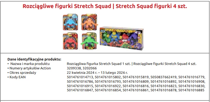 Action ostrzega klientów przed wadliwym produktem wycofanym ze sprzedaży Kolorowe, rozciągliwe figurki Stretch Squad umieszczone w opakowaniach zbiorczych oraz pojedynczych blisterach, widoczne na białym tle. Szczegółowa tabela informacyjna zawiera dane dotyczące produktu, numery artykułów, okres sprzedaży oraz kody EAN.