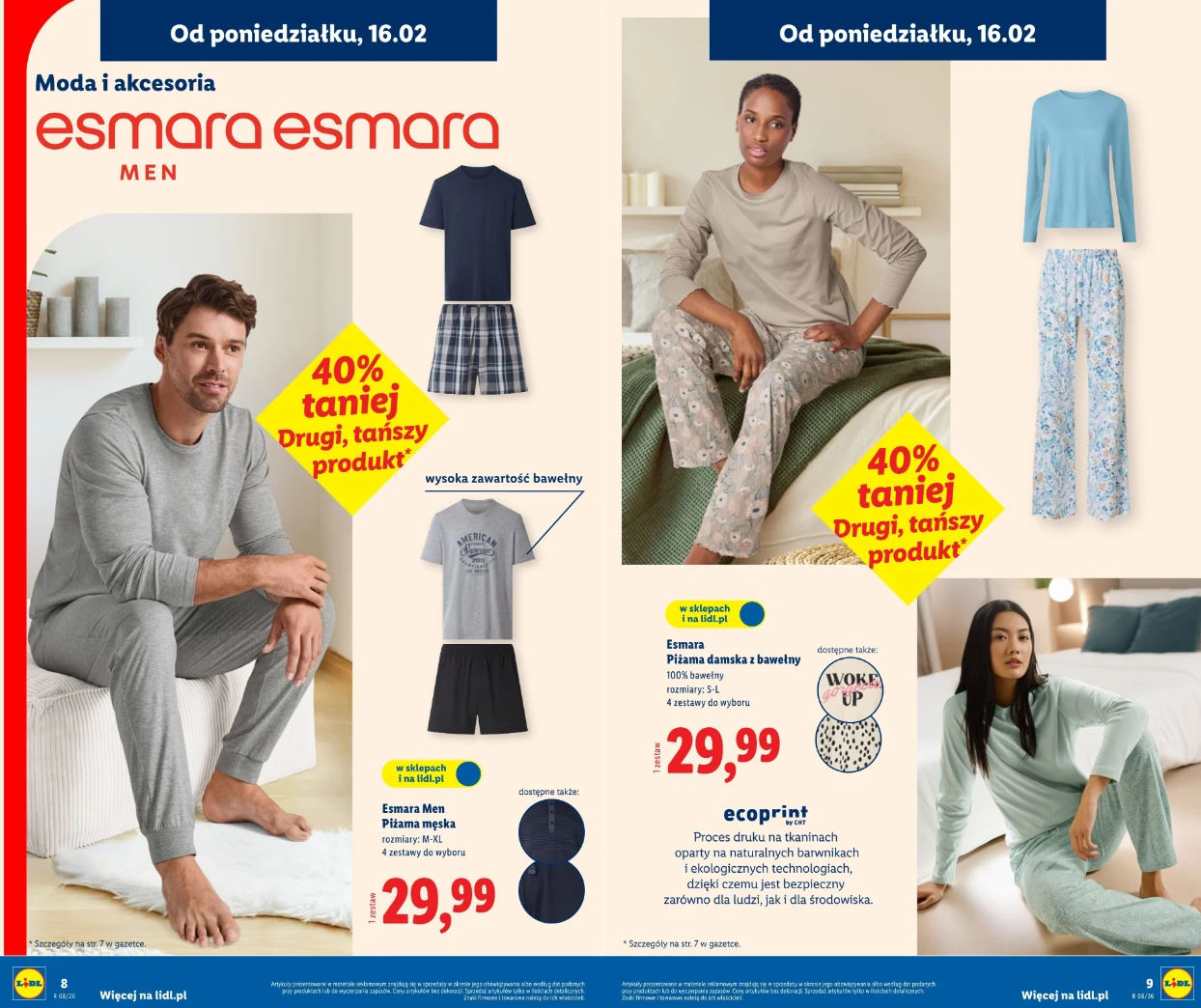 Piżamy damskie i męskie Esmara w Lidlu - 29,99 zł za komplet, drugi tańszy o 40%, źródło: gazetka Lidl, str. 7-9 Piżamy damskie i męskie Esmara w Lidlu - 29,99 zł za komplet, drugi tańszy o 40%, źródło: gazetka Lidl, str. 7-9