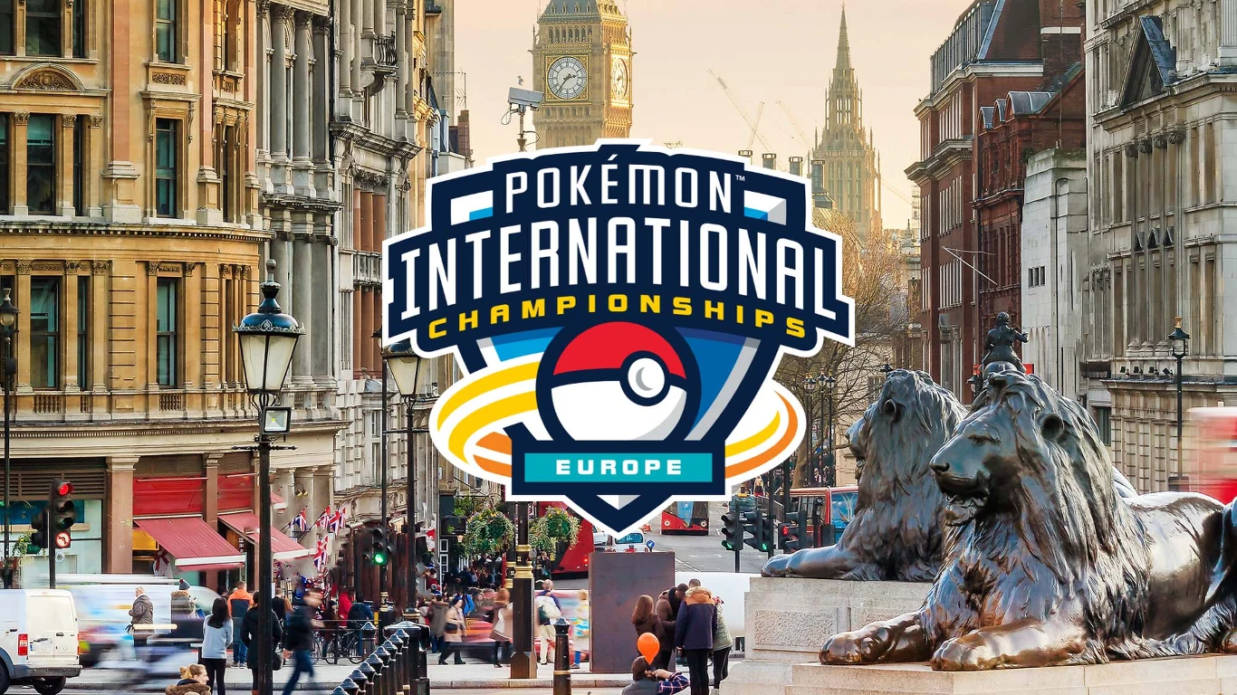 Pokémon Europe International Championships 2026 Logo mistrzostw Pokémon International Championships Europe na tle londyńskiego placu z charakterystycznymi lwami na Trafalgar Square oraz zegarem Big Ben i zabytkowymi budynkami.