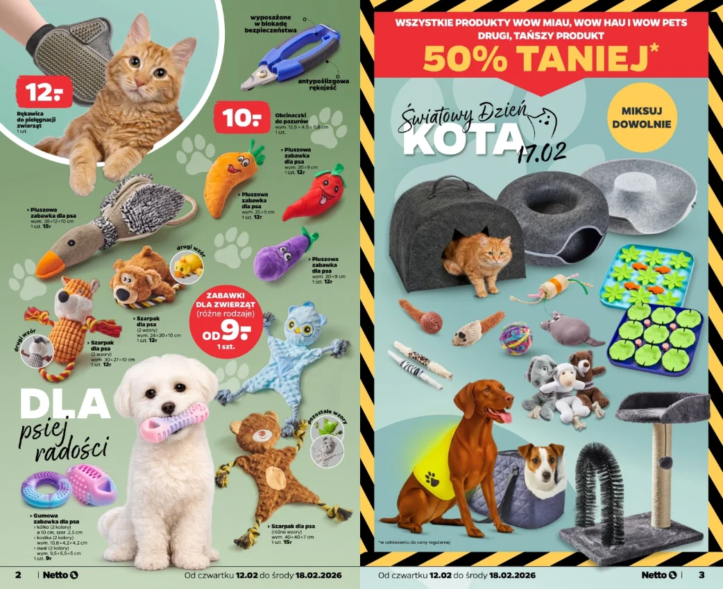 Screen z gazetki Netto, str. 2–3. Oferta na zabawki dla psa i kota oraz produkty WOW MIAU/WOW HAU, obowiązuje 12.02–18.02.2026. Link: https://netto.pl/