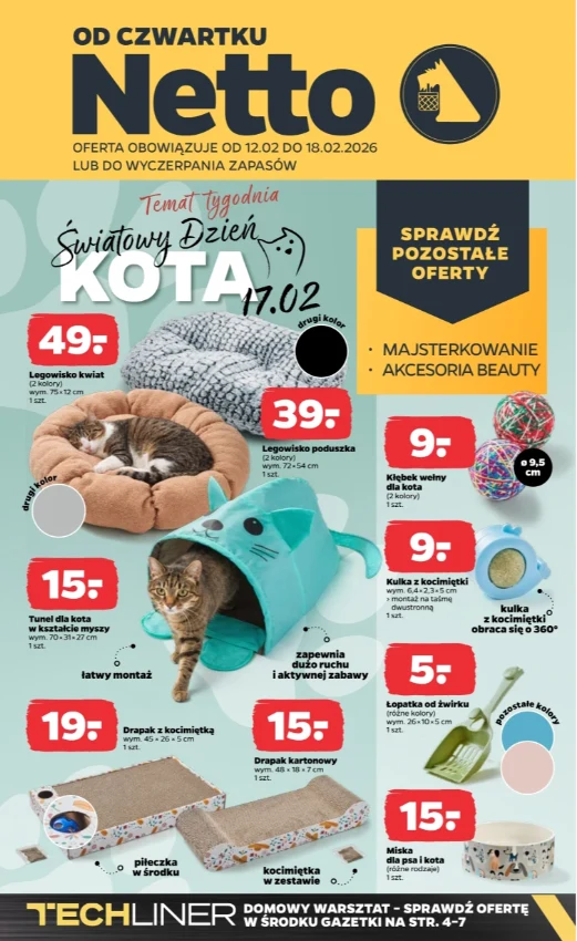 Screen z gazetki Netto, str. 1. Produkty z okazji Światowego Dnia Kota (17.02), oferta ważna 12.02–18.02.2026. Link: https://netto.pl/