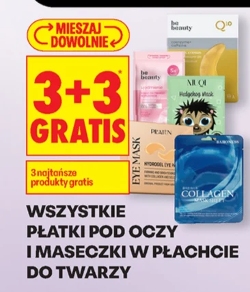 3+3 gratis na maseczki i płatki pod oczy – źródło: gazetka Biedronka, str. 54 3+3 gratis na maseczki i płatki pod oczy – źródło: gazetka Biedronka, str. 54