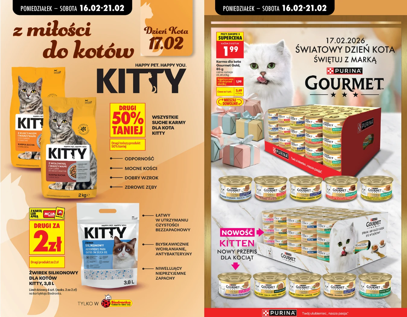 Suche karmy Kitty (drugi 50% taniej) oraz karma Purina Gourmet w promocji, źródło: gazetka Biedronki, s. 78-79