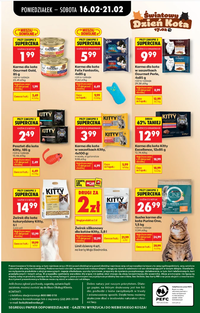 Promocje na karmy i żwirki dla kotów z okazji Dnia Kota (m.in. Gourmet Gold, Felix, Kitty, Purina One), źródło: gazetka Biedronki, s.64