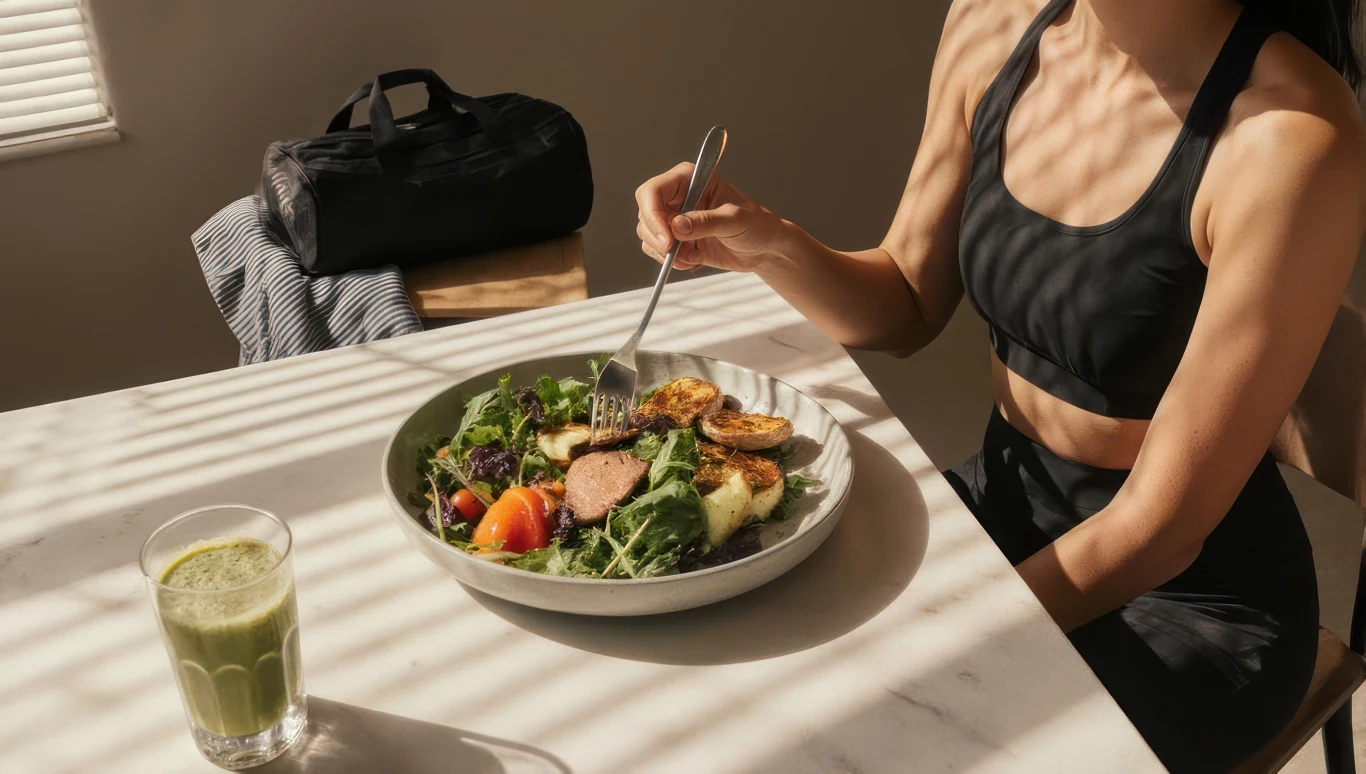 Kobieta w sportowym stroju siedzi przy stole, je posiłek z warzywami, grillowanym serem i jajkiem, obok stoi szklanka zielonego smoothie, całość oświetlona promieniami słońca, w tle torba sportowa.