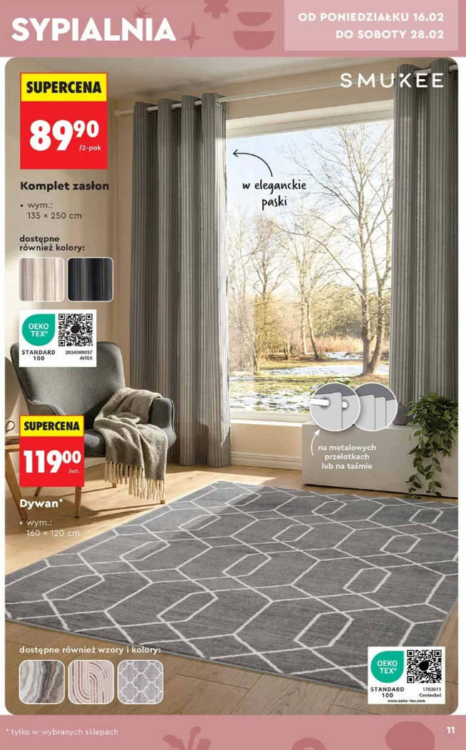 Komplet zasłon SMUKEE (135 × 250 cm) za 89,90 zł oraz dywan 160 × 120 cm za 119,00 zł. Źródło: gazetka Biedronki, s.11