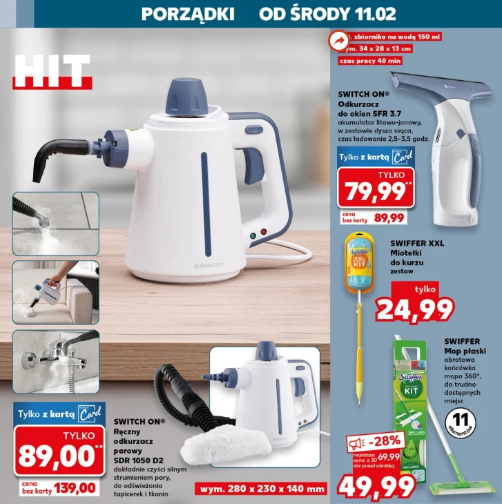 Odkurzacz parowy Switch On SDR 1050 D2 (89,00 zł z kartą) oraz odkurzacz do okien Switch On SFR 3-7 (79,99 zł z kartą). Źródło: gazetka Kaufland, str. 8