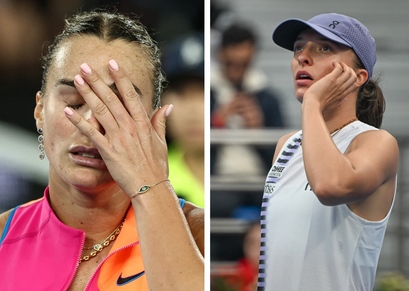 Aryna Sabalenka oraz Iga Świątek Po lewej stronie kobieta w stroju sportowym z ręką na twarzy wyrażająca silne emocje. Po prawej kobieta w czapce sportowej dotyka policzka i patrzy w górę z zamyśleniem. Obie osoby są na tle rozmytego tłumu sugerującego turniej sportowy.